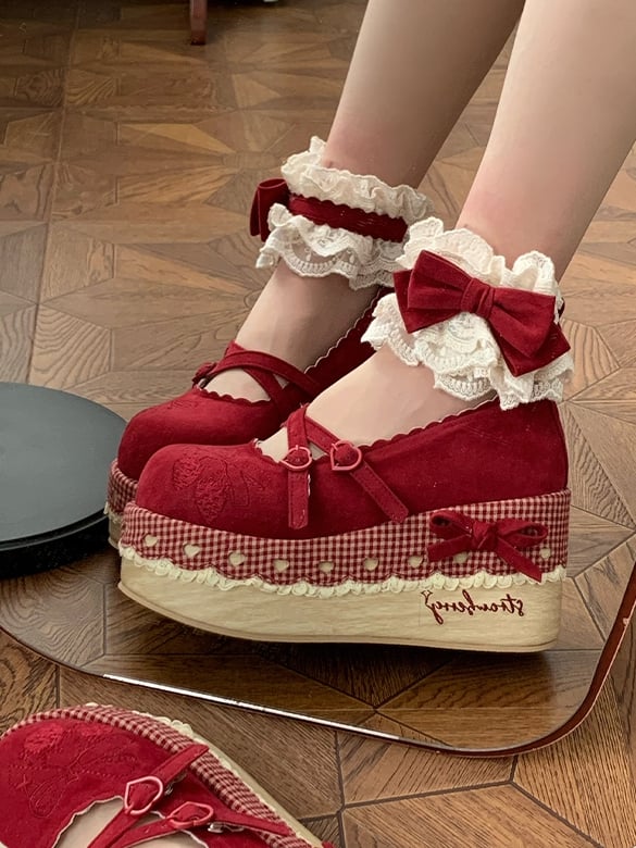 Lolita Strap at Closures - Trimmed Red Platforms Lace Ankle Strawberry Sweet Velcro