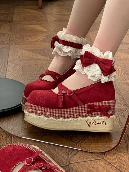 Ankle Closures Strap Lace Trimmed Platforms Lolita at Sweet Red Strawberry Velcro -