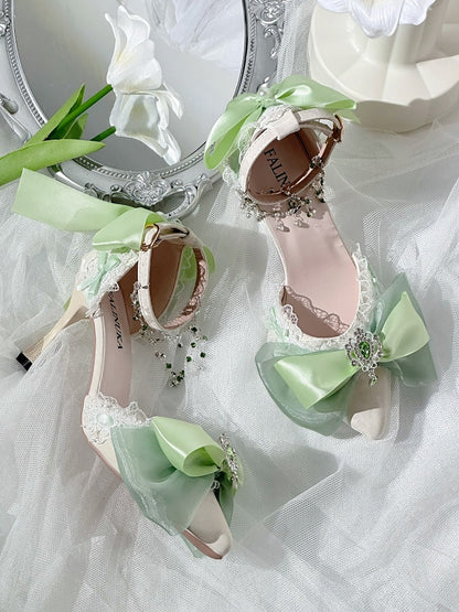 Emerald Pointed Lolita Heels with Lace Ankle Strap - Miaomiao Just for You