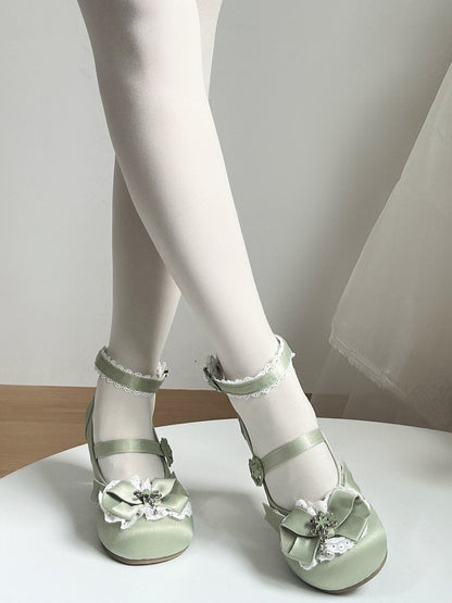 Green Winter Embossed Slope Heel Shoes with Snowflake Embroidery - Vintage Sweetheart