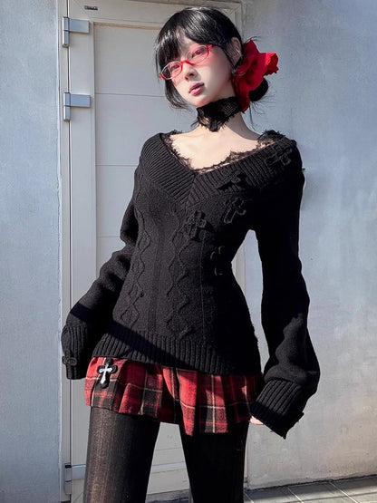 ゴシックレッドクロスチャームチェック柄ウールプリーツミニスカート