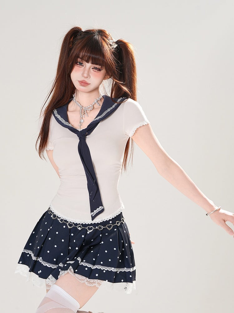 + Tシャツセット プリーツセーラー 水玉模様 取り外し可能なブルースカート ネイビー アプリコット スリムフィットカラー