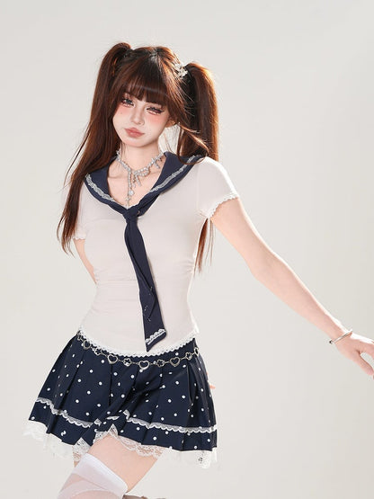+ Tシャツセット プリーツセーラー 水玉模様 取り外し可能なブルースカート ネイビー アプリコット スリムフィットカラー