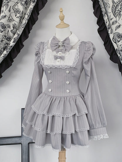 Gray Striped Ryousangata Two-Piece Set with Tiered Ruffle Dress, Bows, Lace & Bloomers - Virtual Paradise
