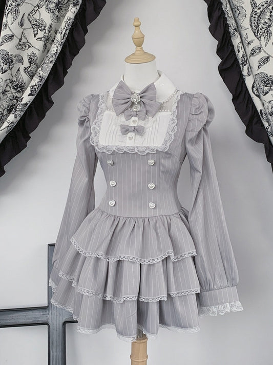 Gray Striped Ryousangata Two-Piece Set with Tiered Ruffle Dress, Bows, Lace & Bloomers - Virtual Paradise