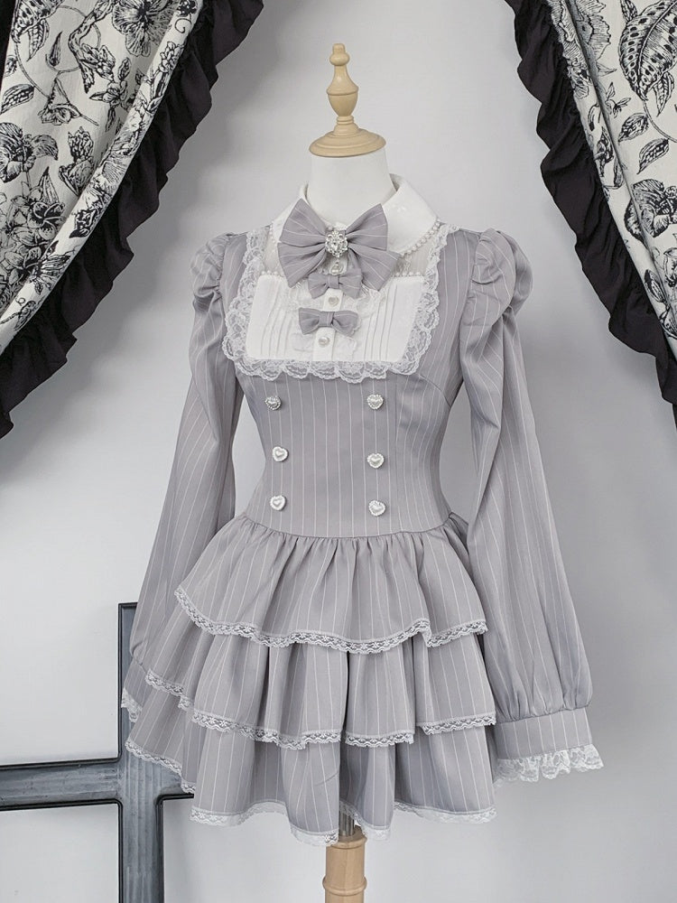 Gray Striped Ryousangata Two-Piece Set with Tiered Ruffle Dress, Bows, Lace & Bloomers - Virtual Paradise