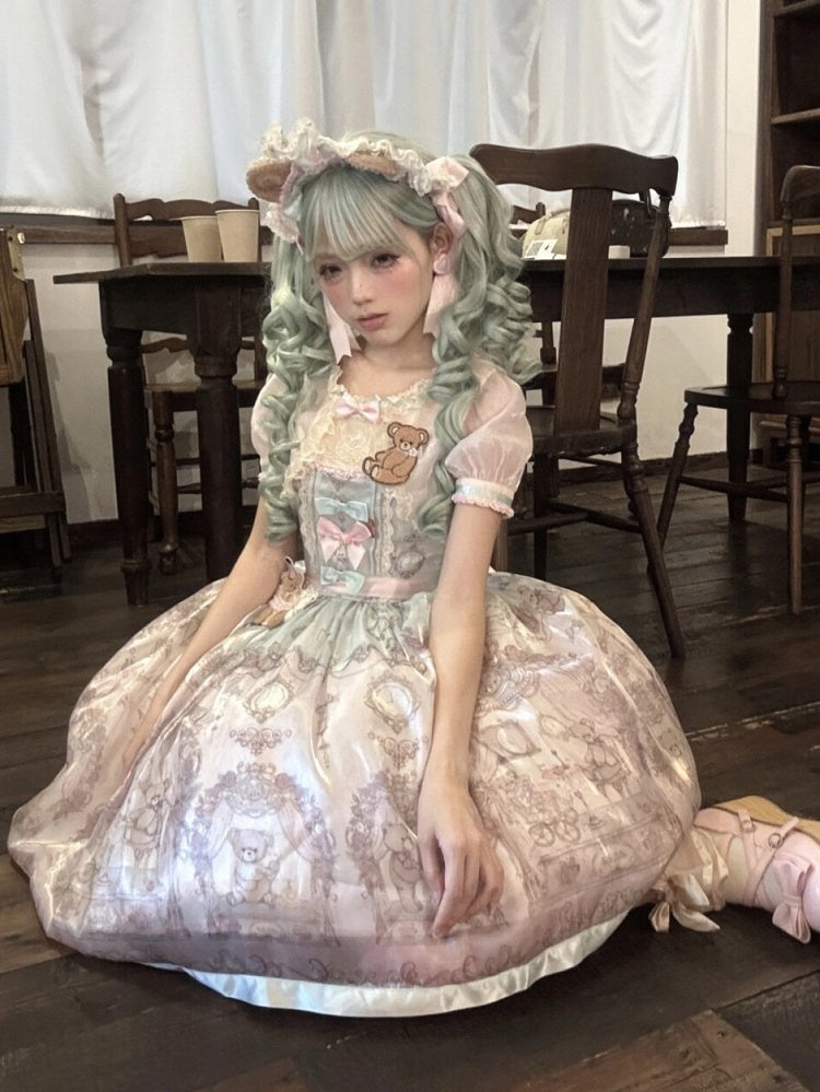 Rose & Mint Short Sleeve OP Gown with Bear Motif - Lunethe