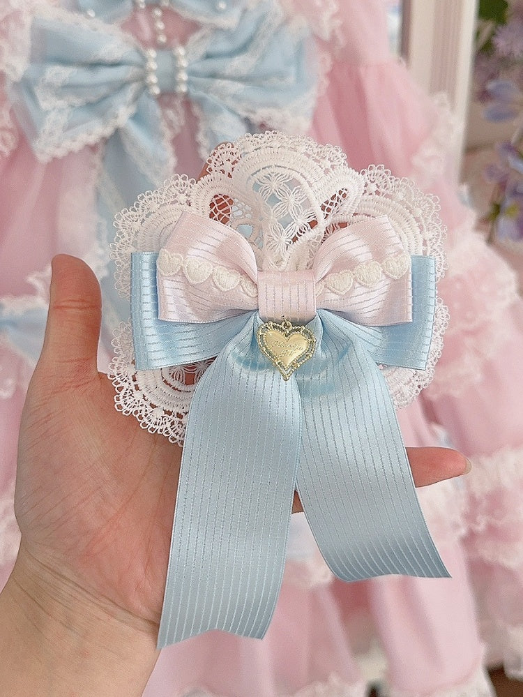 Heart WhiteBlue Charm Hairclip Detail Lace Bowknot