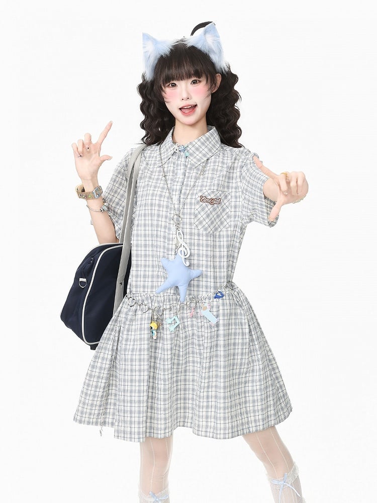 Preppy Gray Plaid Polo Neck Short Sleeve Dress - Languid Park