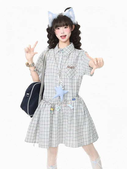 Preppy Gray Plaid Polo Neck Short Sleeve Dress - Languid Park