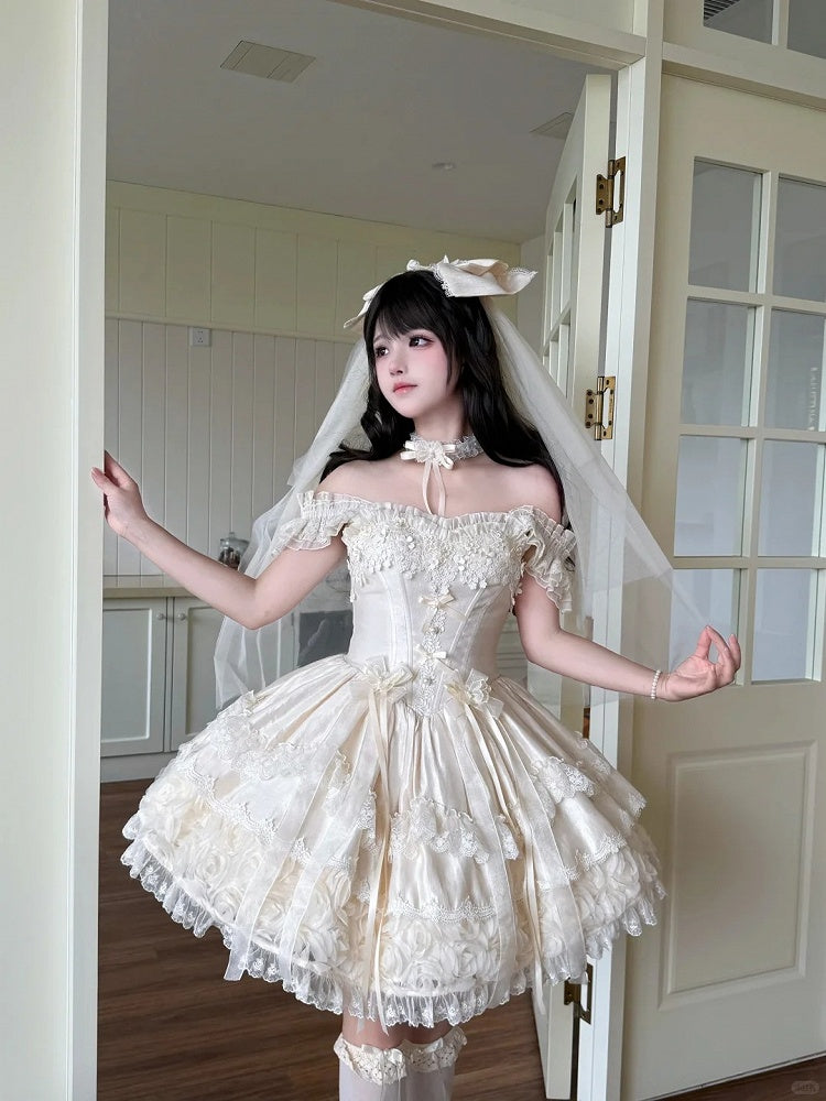 Blooming Hime Layered Lace Dress Lolita Accents Flower with Fluffy Champagne Waist Basque