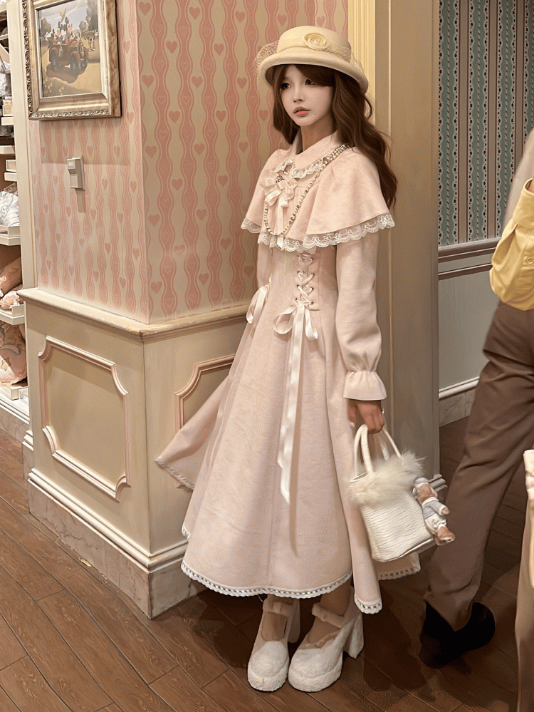 Clean Kei Lacing Jirai Dress Cape Waist Innocent Wool with Thick Style Pink