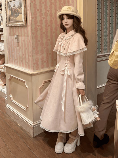 Clean Kei Lacing Jirai Dress Cape Waist Innocent Wool with Thick Style Pink