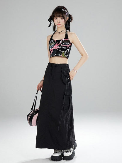 with Adjustable Black Cat Halter Crop Neck Tie Top Graffiti