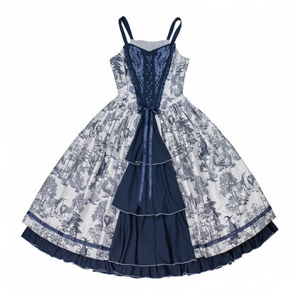 Bodice Forest Elegant Dress and Dark Corset Animals Lolita with Print Blue