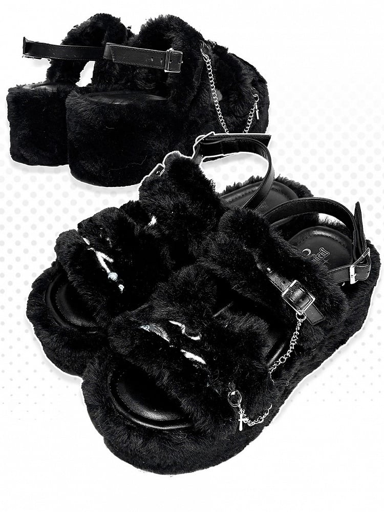 Cross Cat Crying Embroidery Platform Otaku Slippers with Chain Black Detachable Plush -