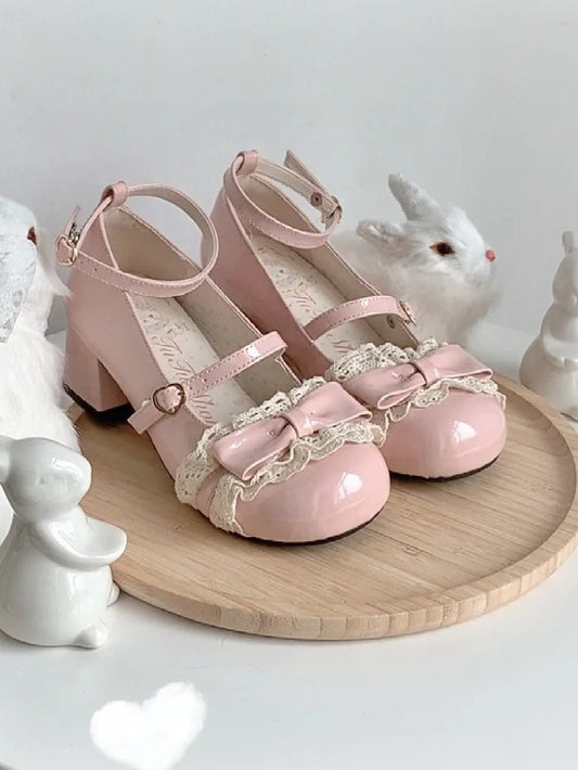 Mary Lolita Lace Leather with Heel Detail Mid - Jane PU Shoes Pink