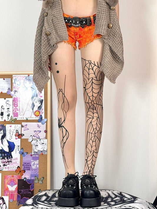 And Nude Gothic Spiderweb Print Spider Tights