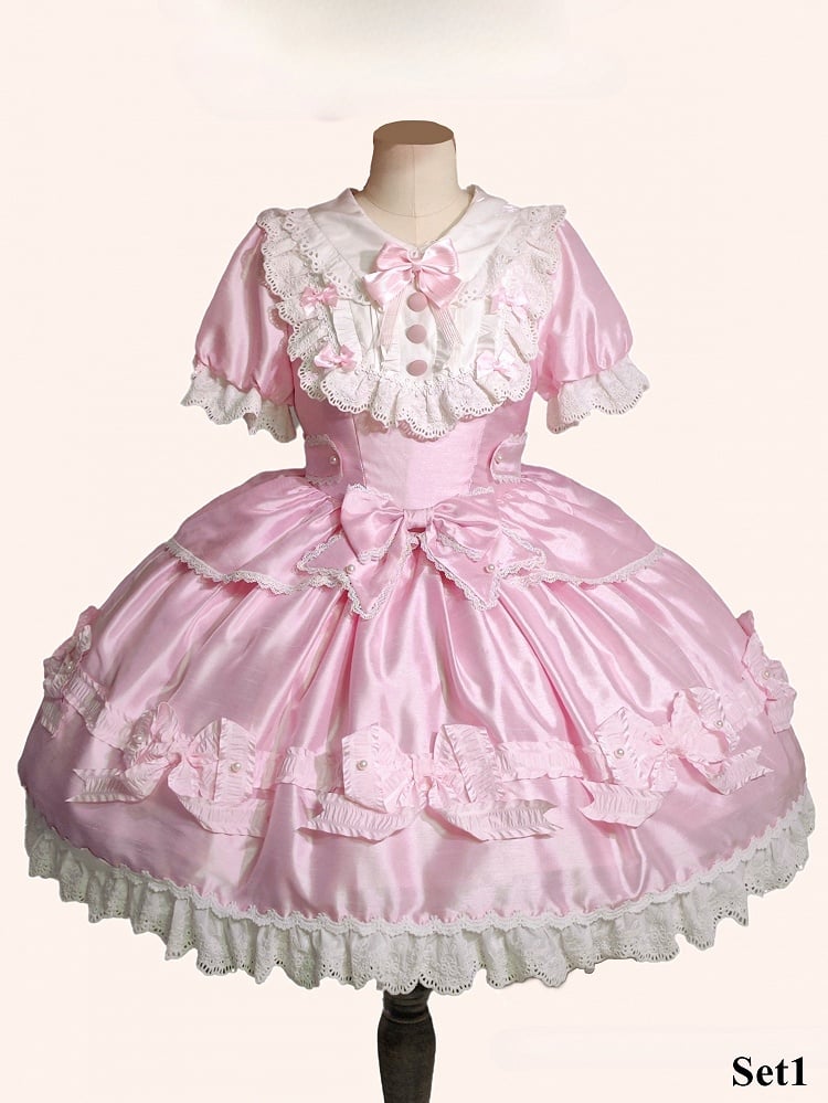 Trimmed Pink White and Bow Sweet Lace Bead Details with Dress Lolita