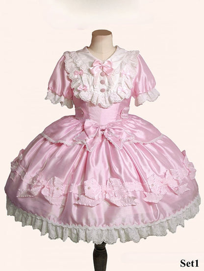 Trimmed Pink White and Bow Sweet Lace Bead Details with Dress Lolita