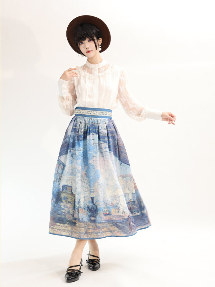 バージョンウエストスカートショートサンラザール油絵プリントブルーハイガール