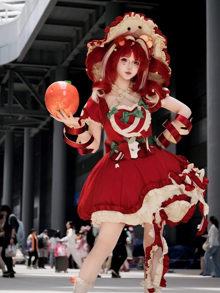 Red Ruffled Sweet Lolita Fluffy OP Dress Full Set