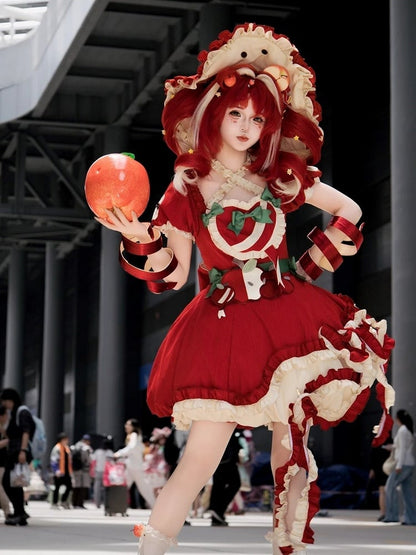 Red Ruffled Sweet Lolita Fluffy OP Dress Full Set