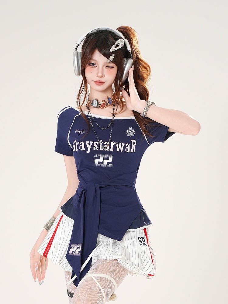 Red/Blue Straps at Waist Asymmetrical Neckline Blokette Core T-shirt Self-tie