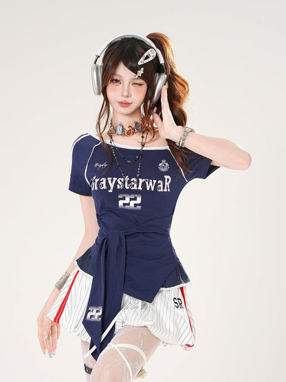 Red/Blue Straps at Waist Asymmetrical Neckline Blokette Core T-shirt Self-tie