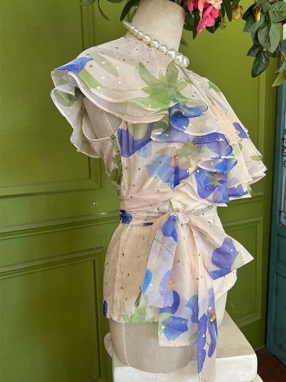 Light Pink Vintage Blue Floral Print Tiered Shawl Collar Chiffon Top