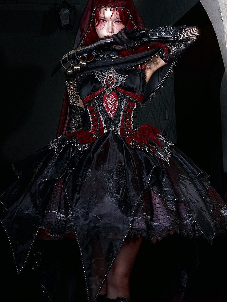 Black & Red Bone Dragon Embroidery Halter Neck Gothic Lolita Dress Set - Ying Luo Fu