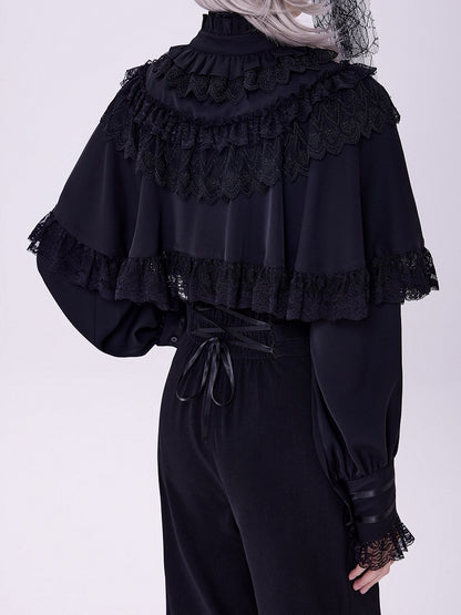 Lace Trim Cape Shirt with Detachable Collar in All-Black Elegance - DevilInspired Exclusive Collection