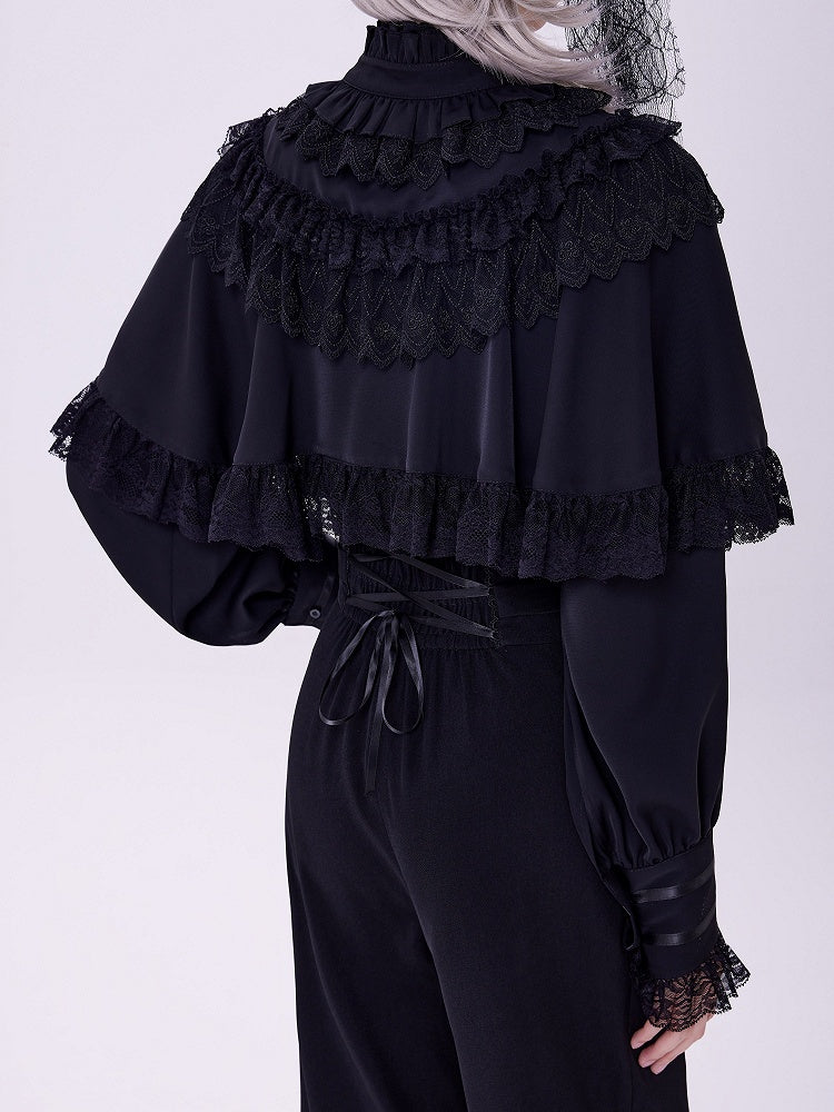 Black Lace-Trimmed Cape Shirt with Detachable Collar - DevilInspired Exclusive Collection