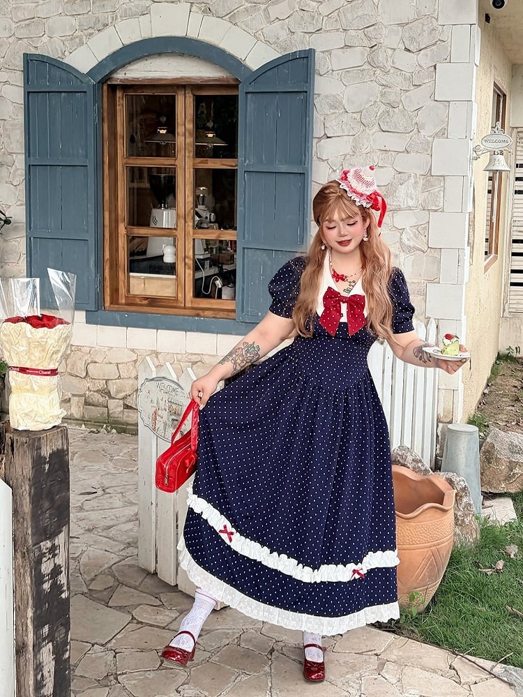 Plus Size Dark Blue Polka Dot Dress with Red Bow & Lace - Hard Candy