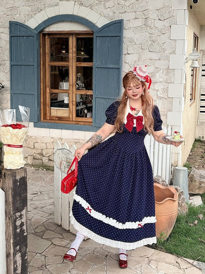 Plus Size Dark Blue Polka Dot Dress with Red Bow & Lace - Hard Candy