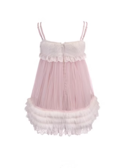 Kleid mit Tüll-Imitat-Unterkleid-Akzenten aus Pelz Rosa