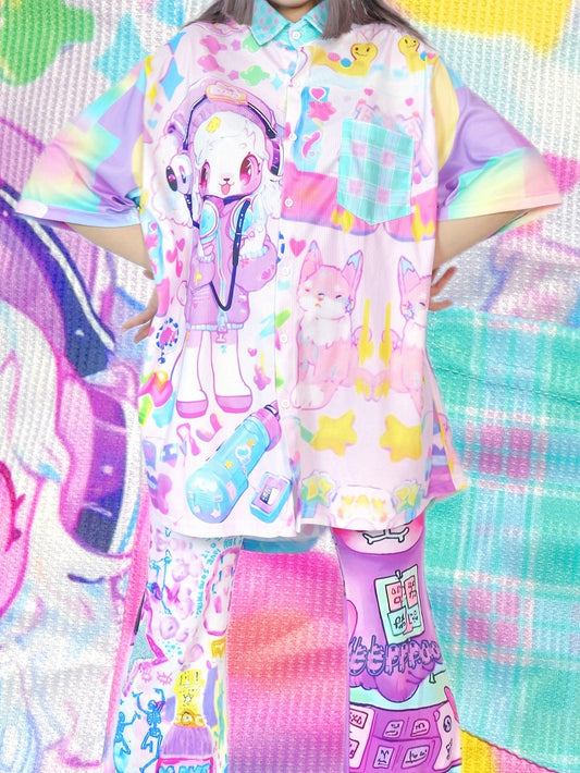 Plaid Blue Shirt Cartoon Print Pattern Light