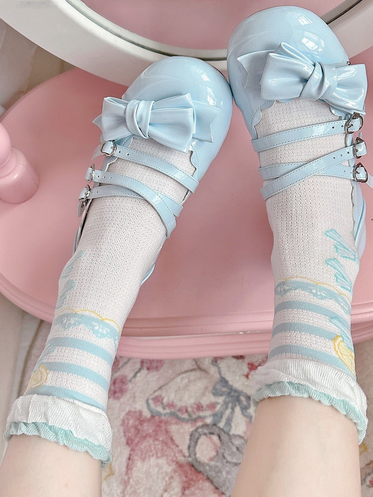 Blaue Rüschensocken Bowknot Print Lolita Lemon Trims Kalb süß