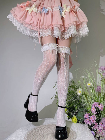 Style Lolita (Color: Pearl-Bow White) Stockings Heart Lace