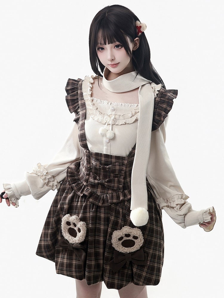 Knit Set Long Scarf Top Beige - Decor Sleeve Pompon