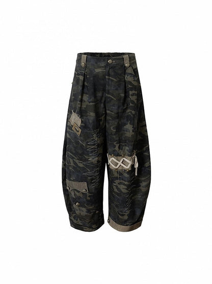 Pants Cargo Zigzag Punk Deconstructed with Camo Embroidery Vintage Design