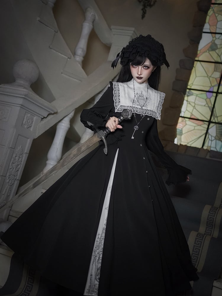 Neckline + White Black Embroidered Dress Gothic Print Square Collar Lolita