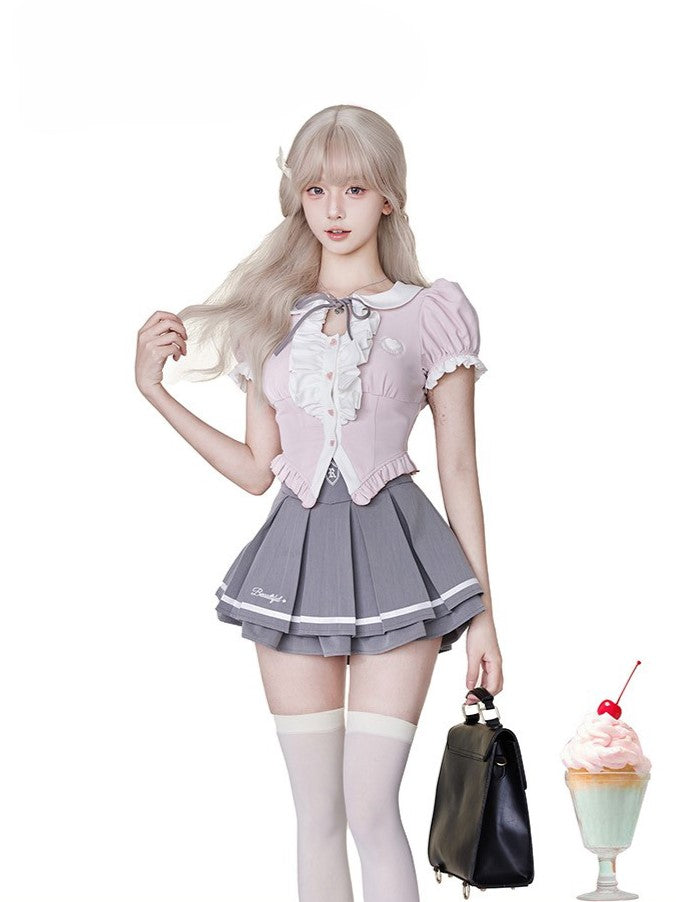 Pink Peter Pan Collar Puff Sleeve Blouse with Ruffle Trim and Bow Tie