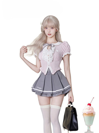 Pink Peter Pan Collar Puff Sleeve Blouse with Ruffle Trim and Bow Tie