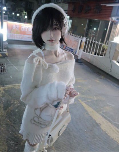 with Plush Pink Sweater Bow Off-Shoulder Beige Kawaii Puppy Details Bell