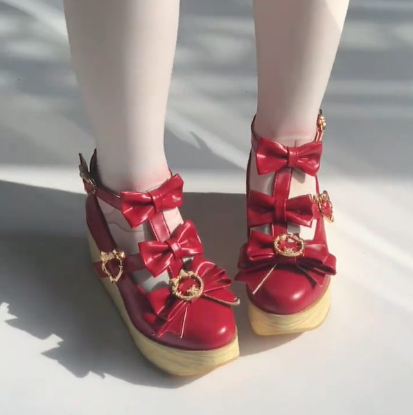 Closure Snap Hime Lolita Pointed Toe Red Platforms Heart-shaped Wine with