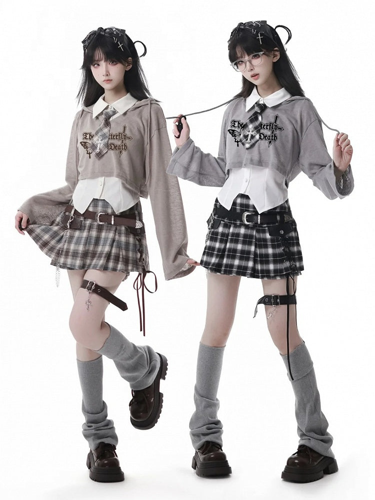 Y2K Lace-up Black Detail Plaid Skort with Buckle Belt and Chain White/ Khaki