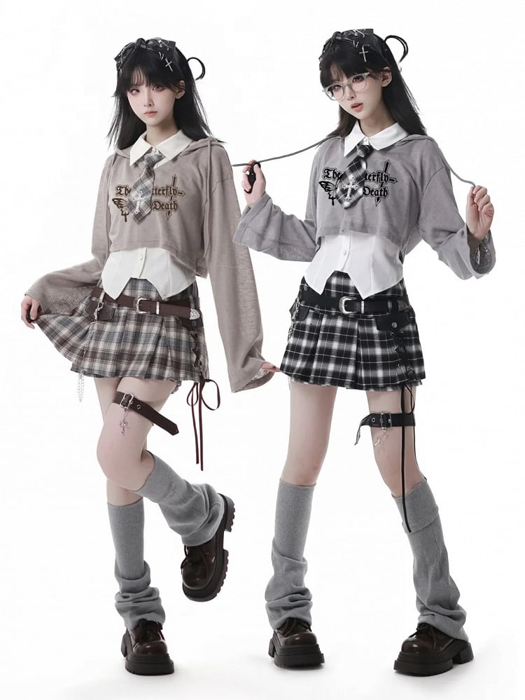 Knit Coverup Gray/Khaki V-neck Butterfly Print Hooded