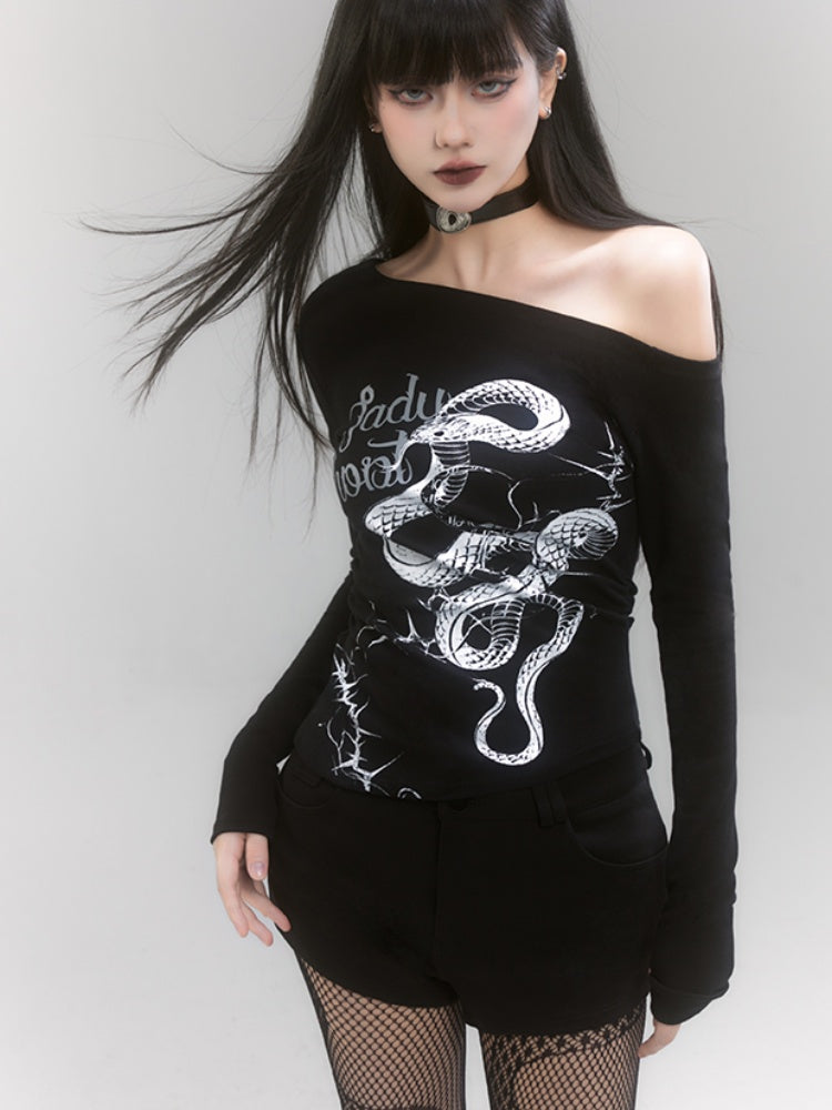 Black Asymmetrical Neckline Snake Slim-fitting Top