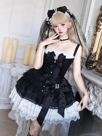 Schleifen Weißes Kleid Schwarz Verzierter Gothic Rock Lolita Stufen und